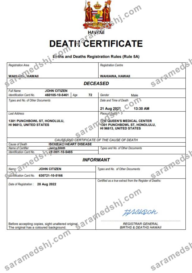 Hawaii death certificate Word and PDF template